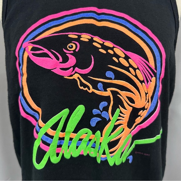 Vintage 90’s Neon Print Alaska Tourist Tank - Black Cotton Unisex Graphic Tour - Picture 6 of 10